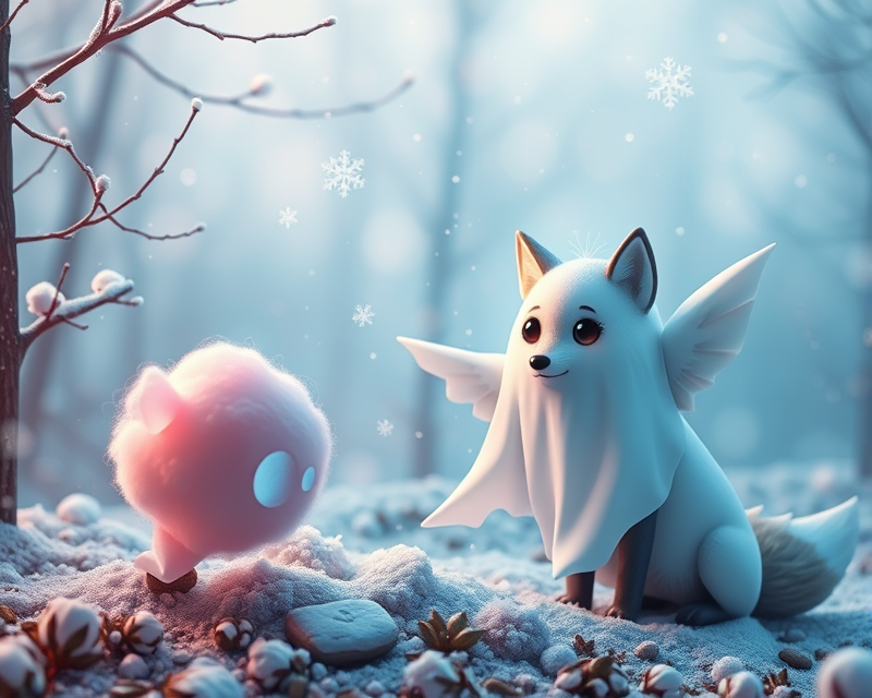 cotton candy, snowflake, ghost, fox